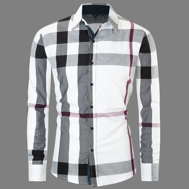 Men's slim fit plaid button-up shirt with black, white, gray, and maroon pattern on gray background