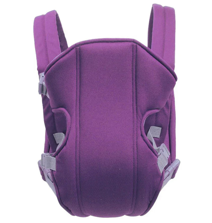 Purple fabric baby carrier with padded shoulder straps and adjustable buckles