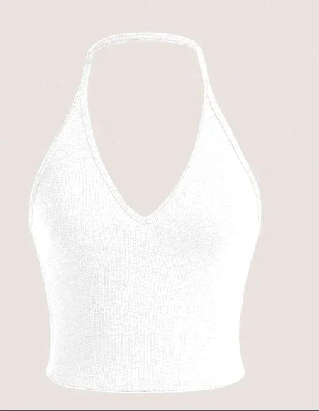 White knitted halter crop top with V-neck on beige background