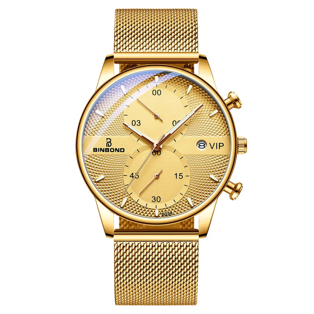 BINBOND gold men's wristwatch with mesh band, chronograph dials, and VIP date display