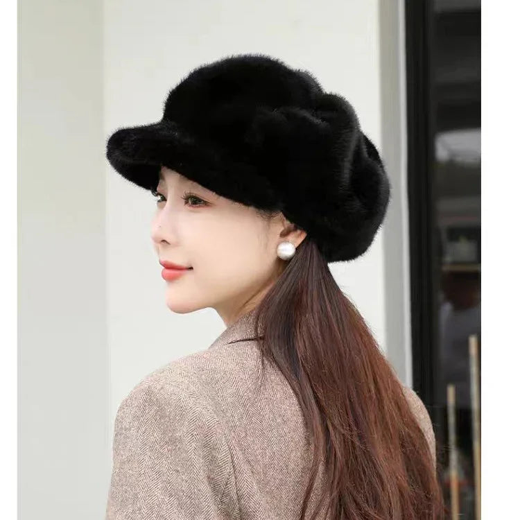 woman wearing black fluffy hat and pearl earrings with brown coat, side profile portrait