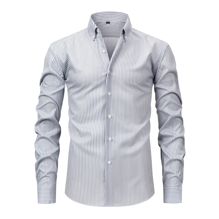 Slim fit long sleeve men's dress shirt with vertical gray and white stripes