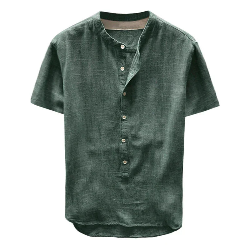 Men's casual green short sleeve linen shirt with mandarin collar and button placket