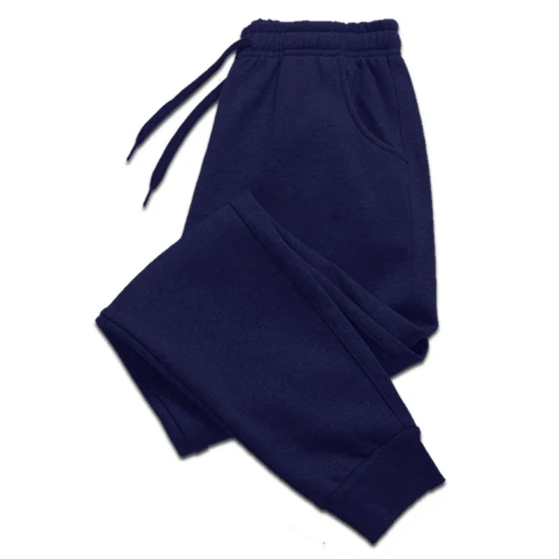 Navy blue fleece jogger sweatpants with elastic waistband and drawstring