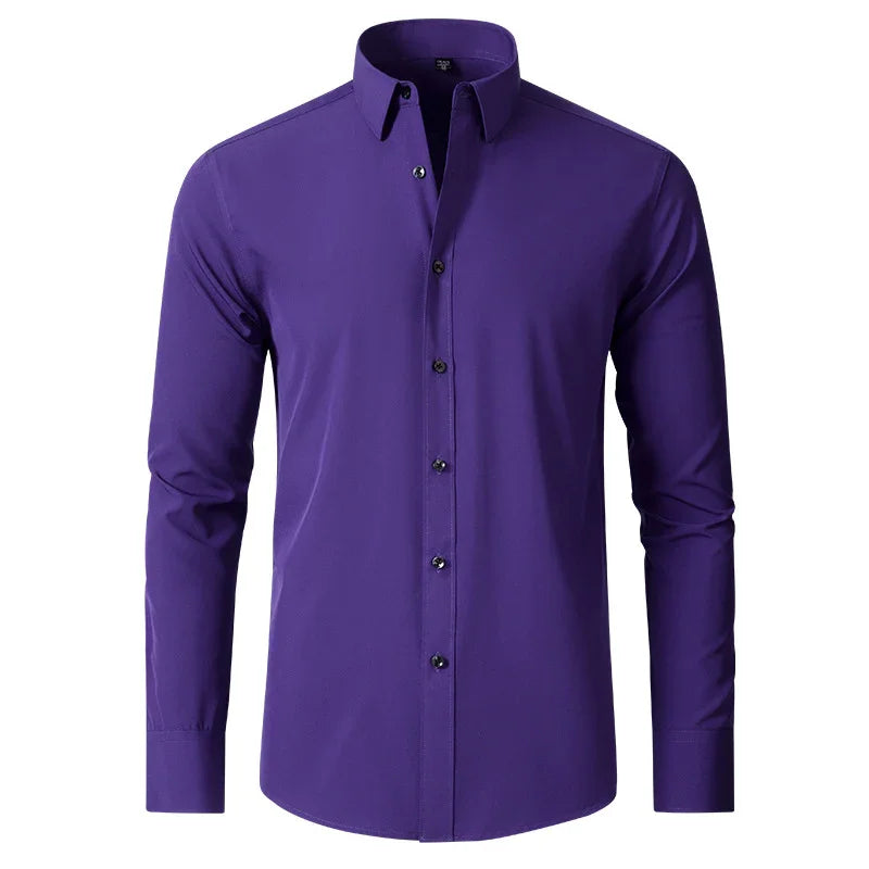 Men's long-sleeve purple dress shirt with button-down collar and black buttons