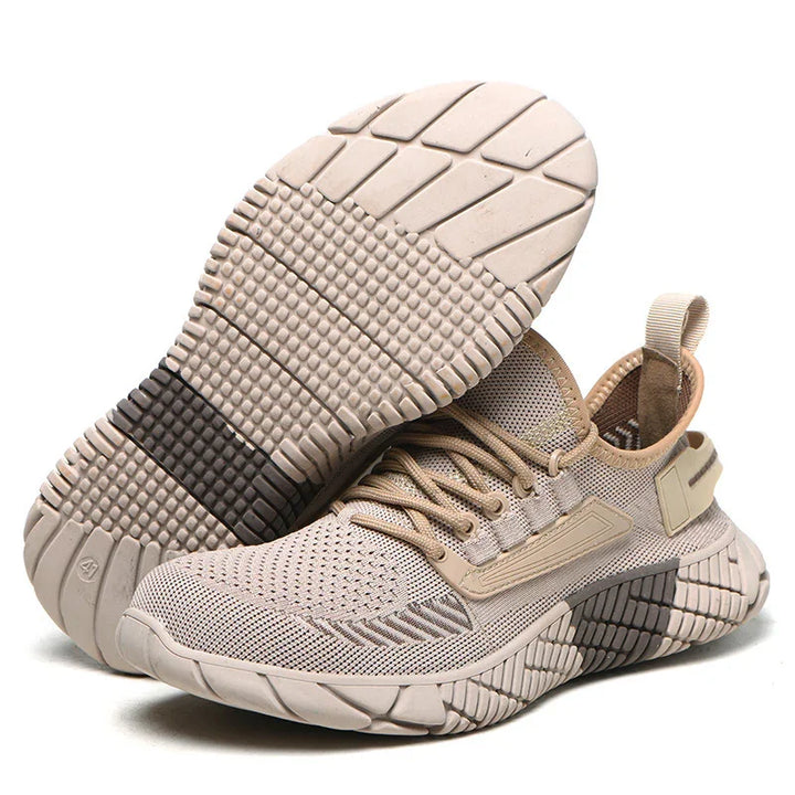 Beige lightweight breathable knit sneakers with textured sole and lace-up design