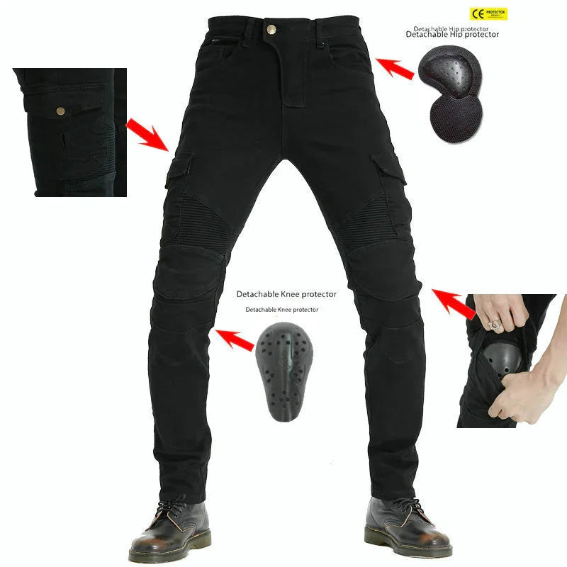 Black motorcycle pants with pockets, detachable hip and knee protectors, and reinforced panels
