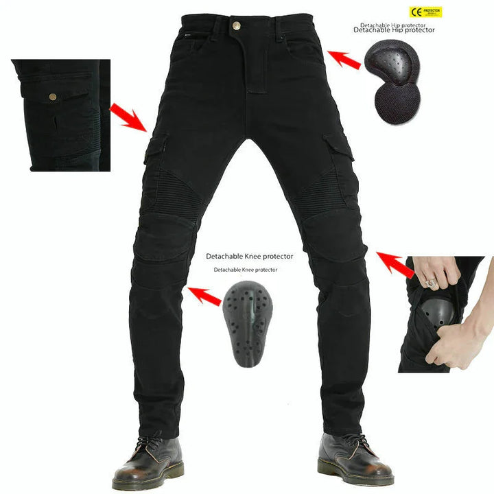 Black motorcycle pants with pockets, detachable hip and knee protectors, and reinforced panels