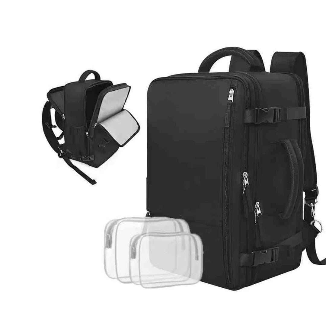 Black large capacity travel backpack with multiple compartments and clear packing cubes