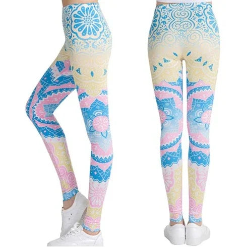 Colorful boho patterned women's leggings in pastel blue, pink, and beige, shown from side and back views