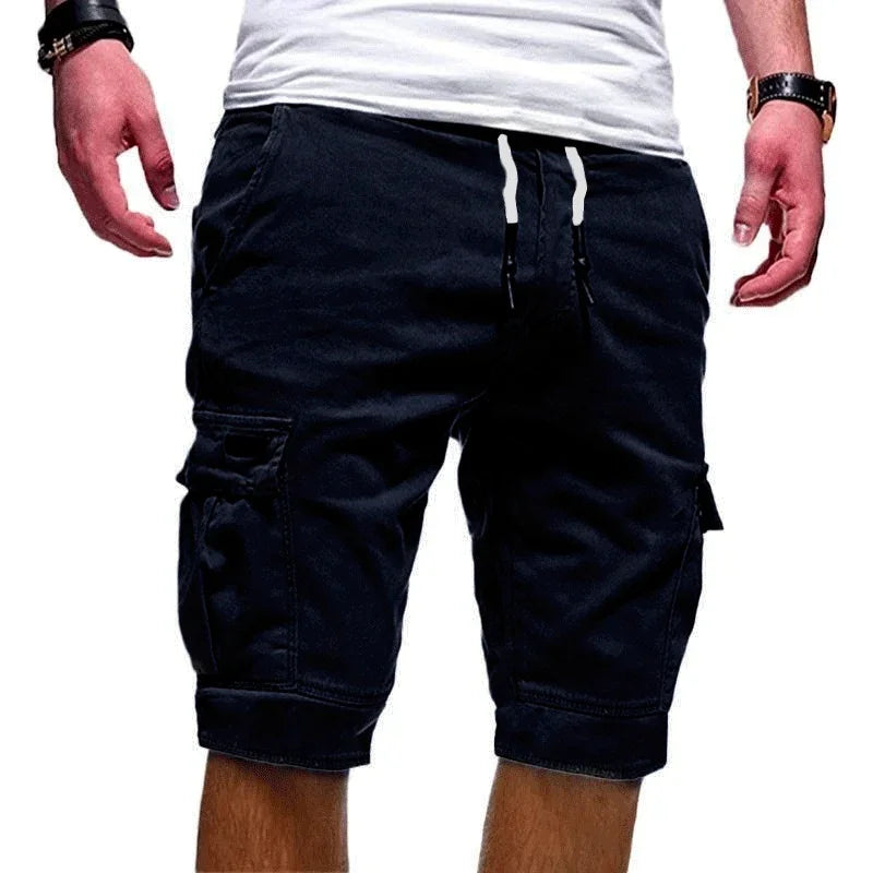 Men's black cargo shorts with side pockets and drawstring waist, styled with a white t-shirt
