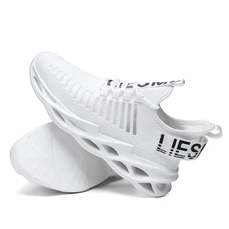 white breathable mesh athletic sneakers with hollow sole and black LIES text on heel strap