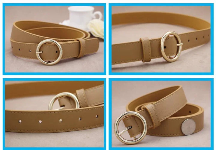 Tan leather belt with round gold buckle and multiple holes, shown from different angles on beige surface