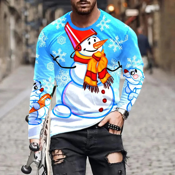 Man wearing blue Christmas sweater with snowman and snowflakes, holding skateboard, torn black jeans