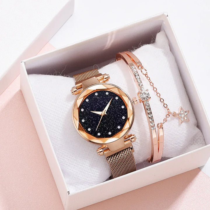 rose gold women's watch with black glitter dial and matching rhinestone bracelet in white gift box