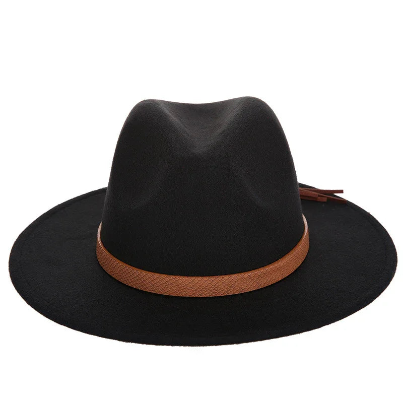 Black felt fedora hat with wide brim and brown textured leather hatband