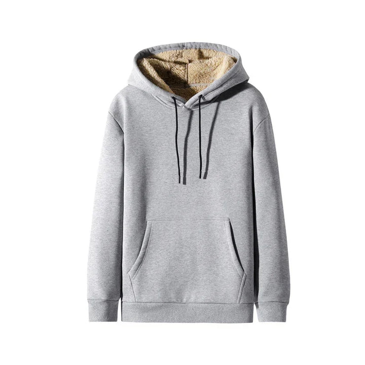 Grey hoodie sweatshirt with fleece-lined hood and black drawstrings on white background