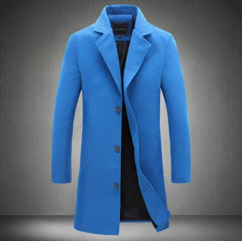 Men's blue wool blend overcoat with notch lapel collar and three-button front closure