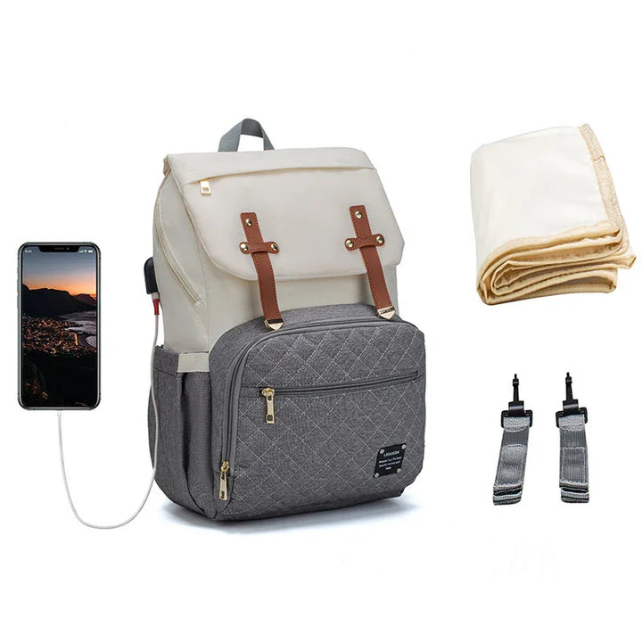 Modern two-tone backpack with USB charging port, blanket, and adjustable straps on white background