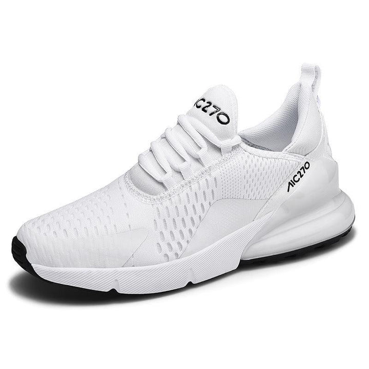 White lightweight running shoe with black accents, mesh upper, cushioned sole, and 'MC270' branding