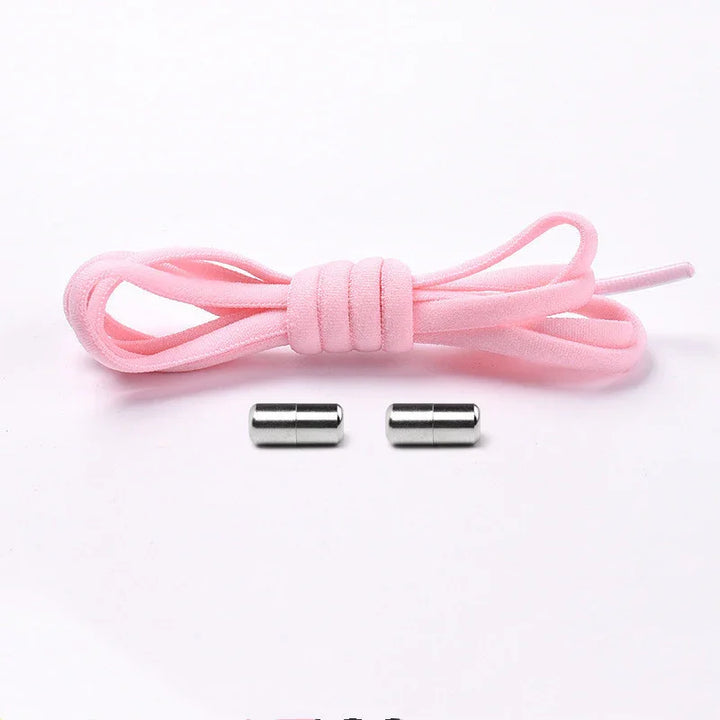 Pink elastic shoelace with two silver magnetic metal aglets on white background