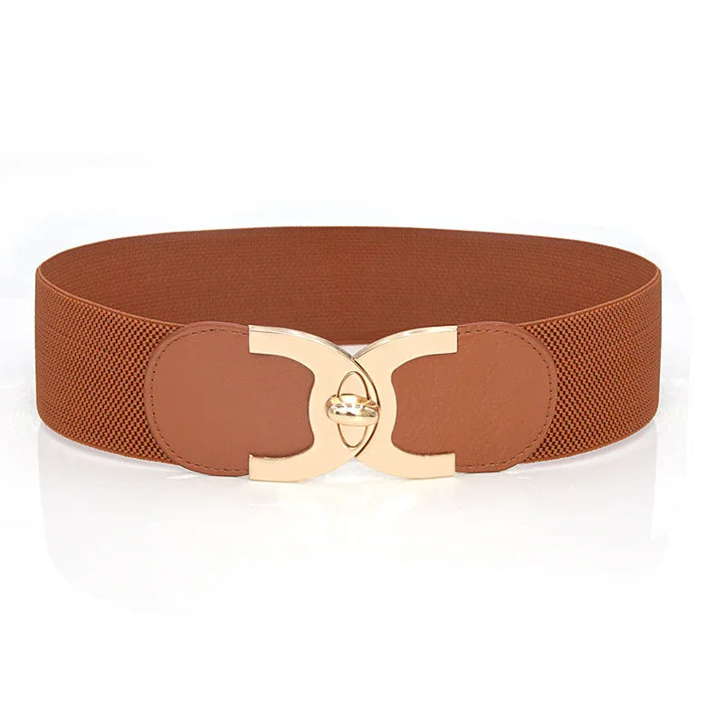 Brown wide elastic waist belt with gold metal buckle on white background