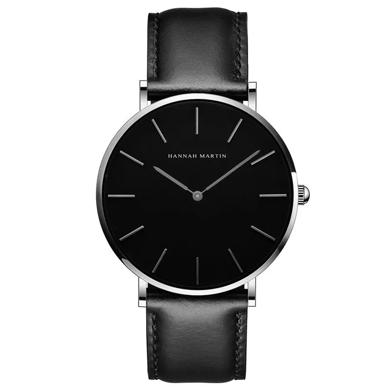 Hannah Martin minimalist black dial wristwatch with leather strap and silver hour markers