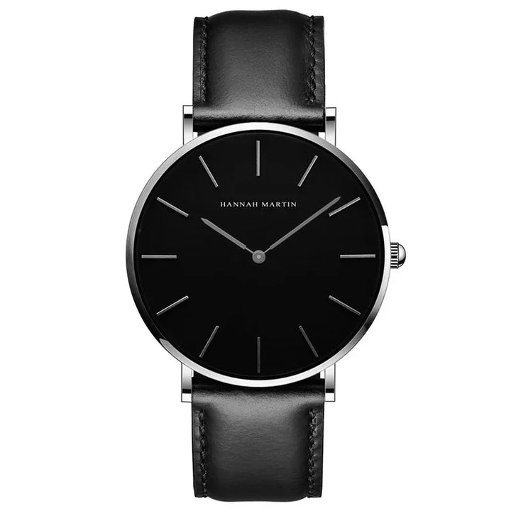 Hannah Martin minimalist black dial wristwatch with leather strap and silver hour markers