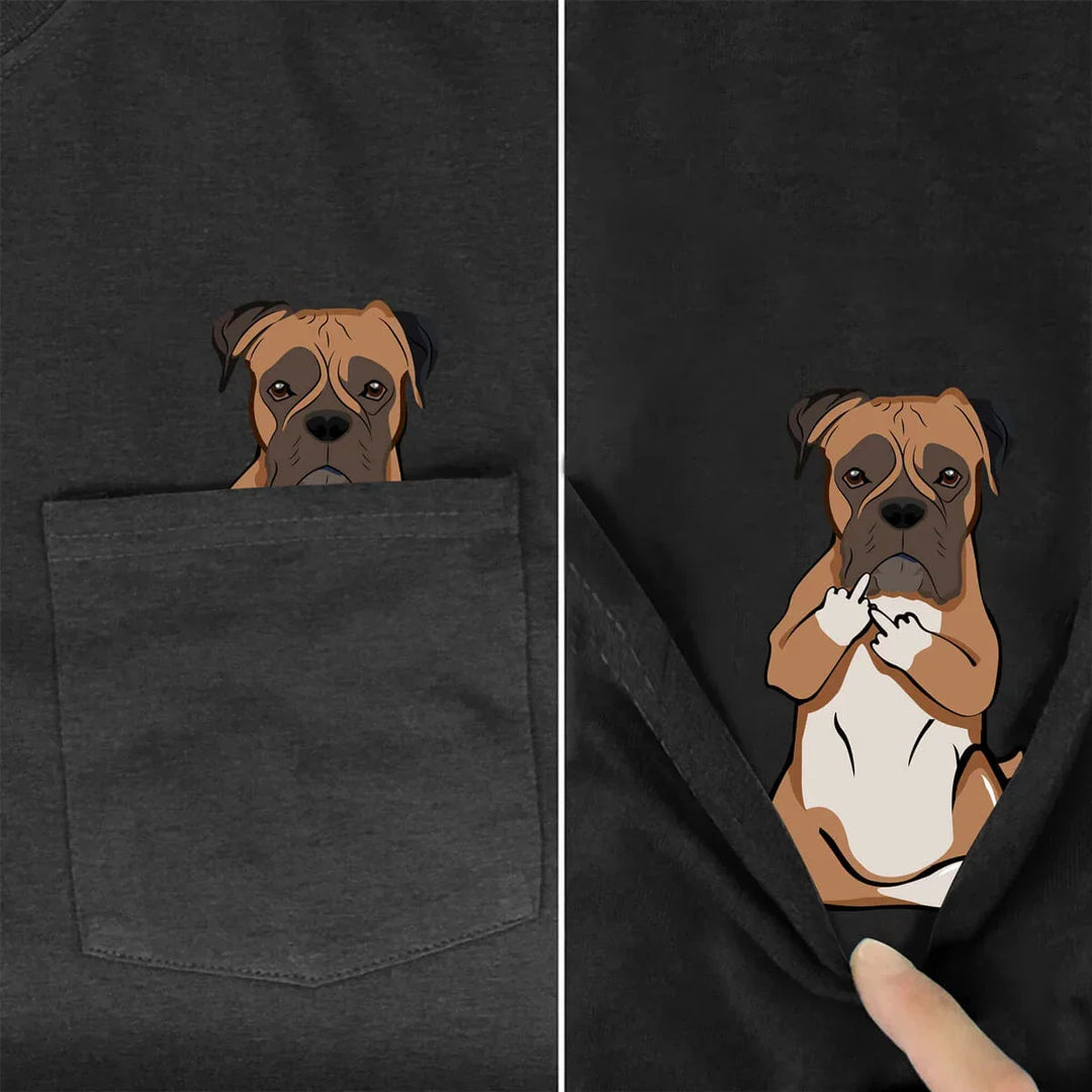 Dark gray t-shirt with cartoon boxer dog peeking from pocket that flips inside to reveal dog showing middle fingers