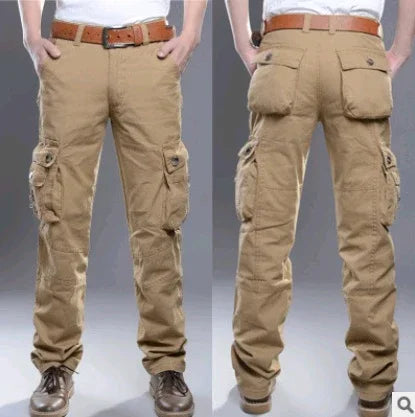Front and back view of men's khaki cargo pants with multiple pockets, brown belt, and casual shoes