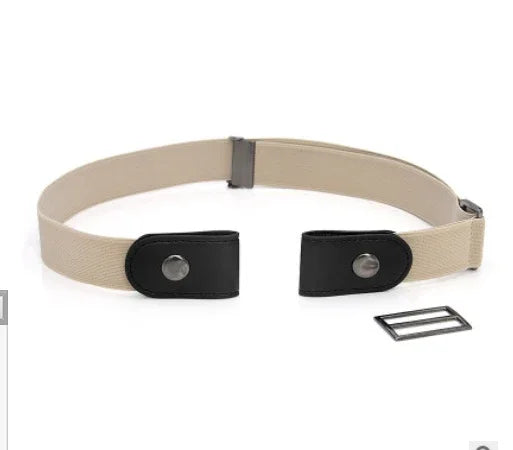 beige elastic no-buckle belt with black snap fasteners and metal buckle accessory