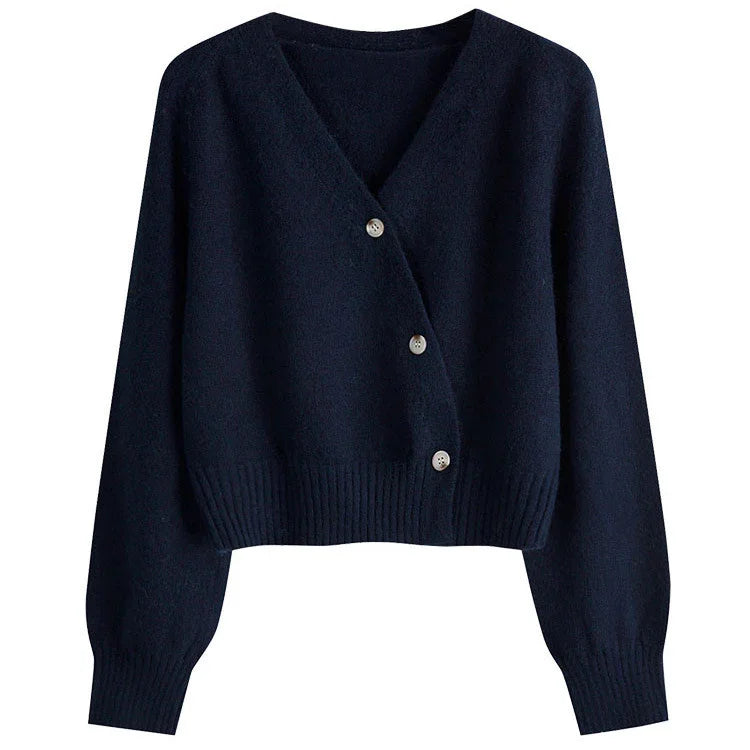 Black cropped cardigan sweater with V-neck and three button closure, ribbed cuffs and hem
