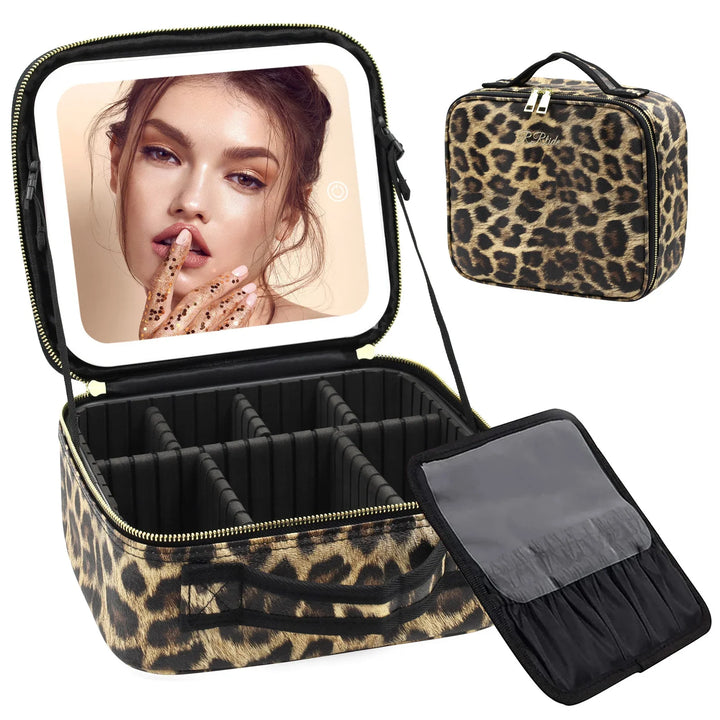 Leopard print makeup case with mirror and adjustable compartments for cosmetic storage