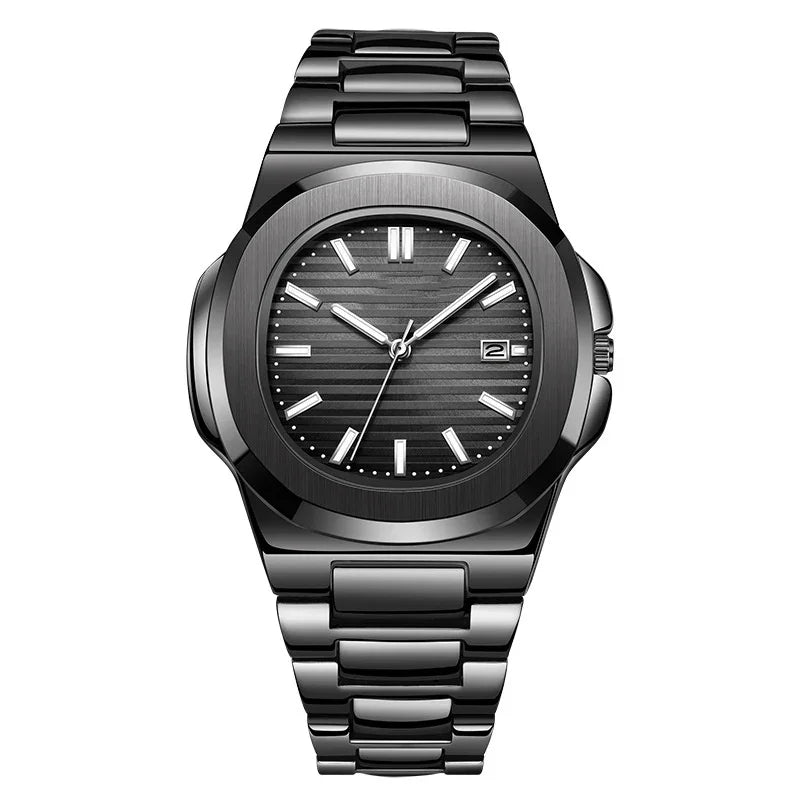 luxury black stainless steel wristwatch with striped black dial and date display
