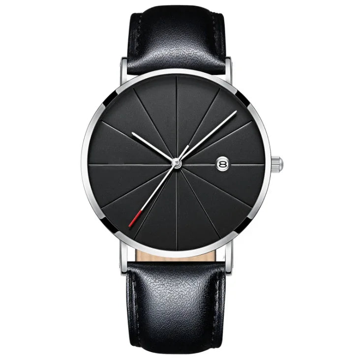 Modern black wristwatch with textured dial, silver case, black leather strap, and date display