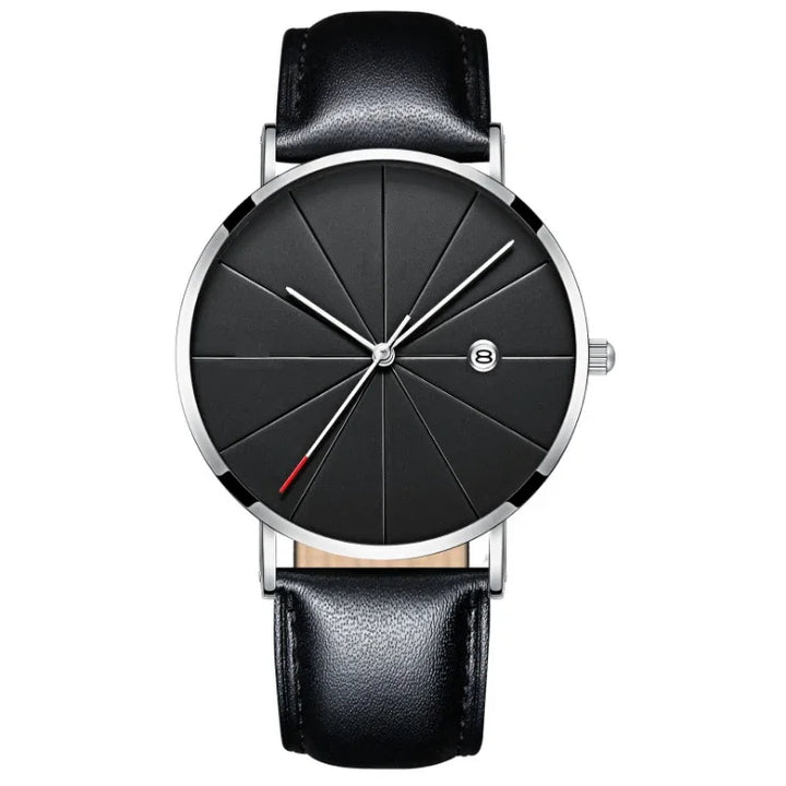 Modern black wristwatch with textured dial, silver case, black leather strap, and date display