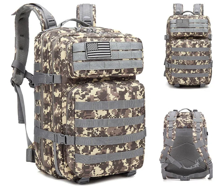 Military-style tactical backpack with digital camouflage pattern, multiple compartments, and US flag patch