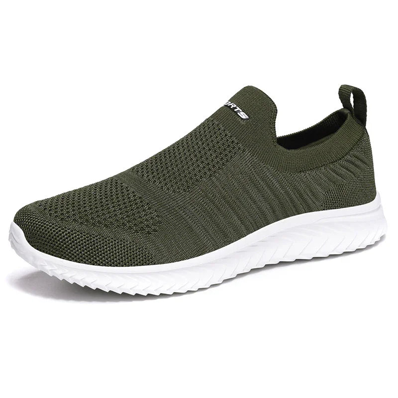 Olive green slip-on knit sneaker with white sole and pull tab on heel