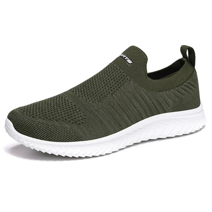 Olive green slip-on knit sneaker with white sole and pull tab on heel