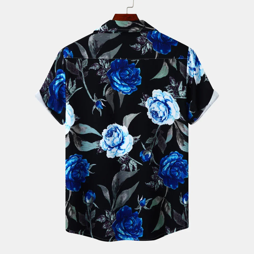 black short-sleeve shirt with blue and white floral pattern hanging on wooden hanger