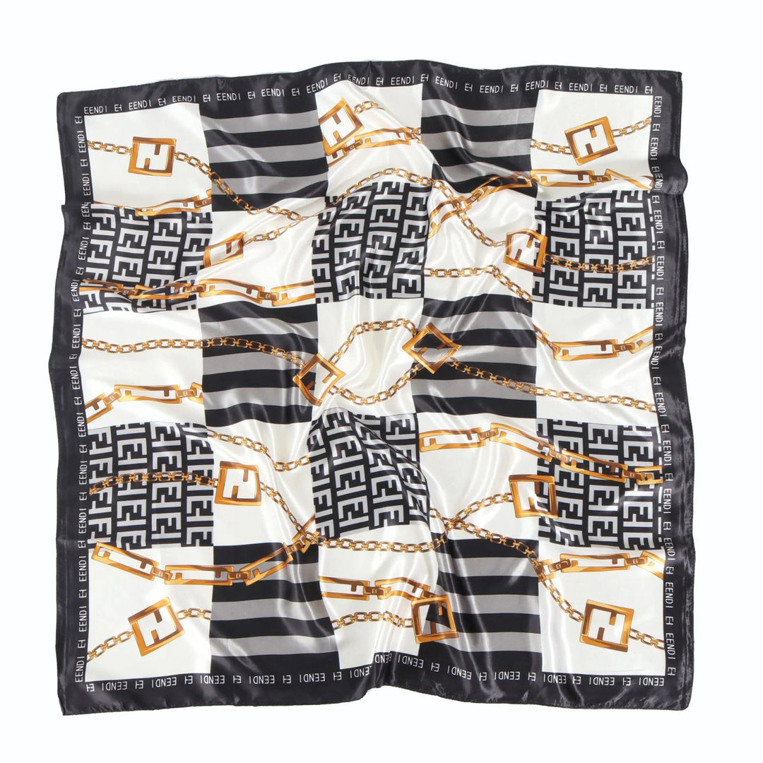 Luxury black and white Fendi scarf with gold chain and logo print design