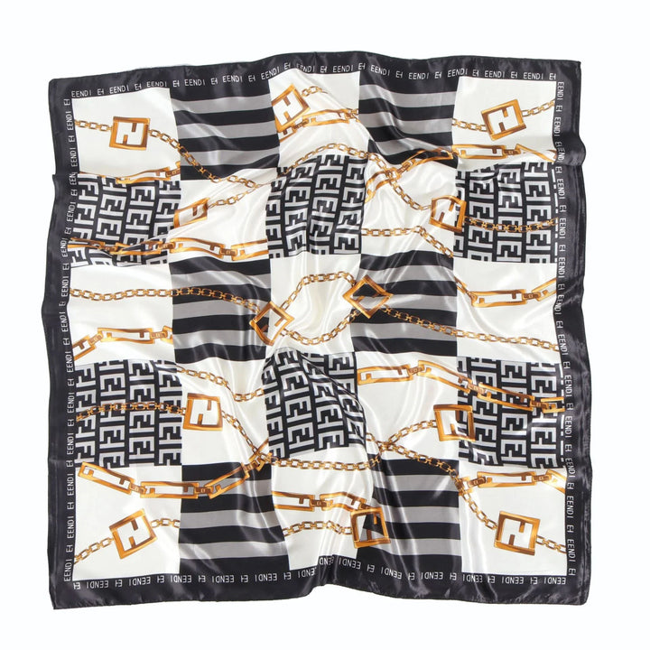 Luxury black and white Fendi scarf with gold chain and logo print design