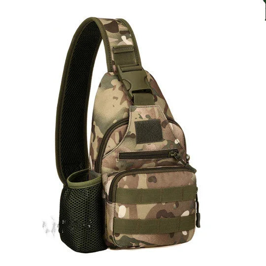 camouflage sling bag with multiple zippered compartments and mesh water bottle holder