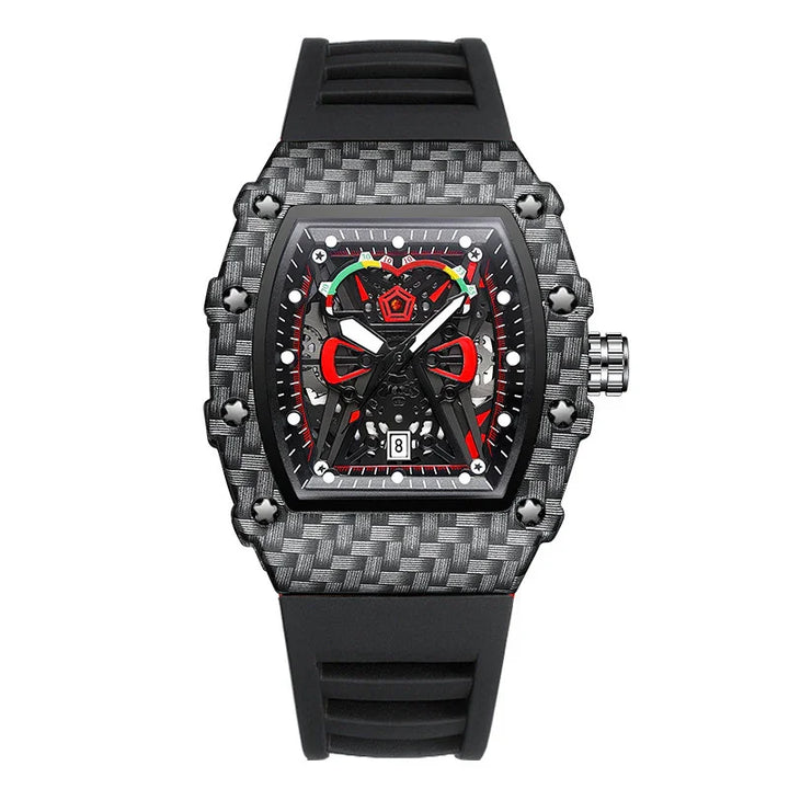 Luxury carbon fiber wristwatch with exposed mechanical skeleton dial, red accents, date display, and black rubber strap