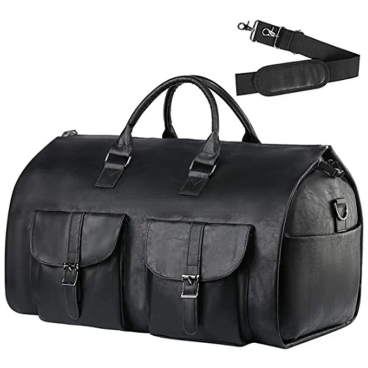 Black leather duffel bag with dual front buckle pockets and detachable shoulder strap