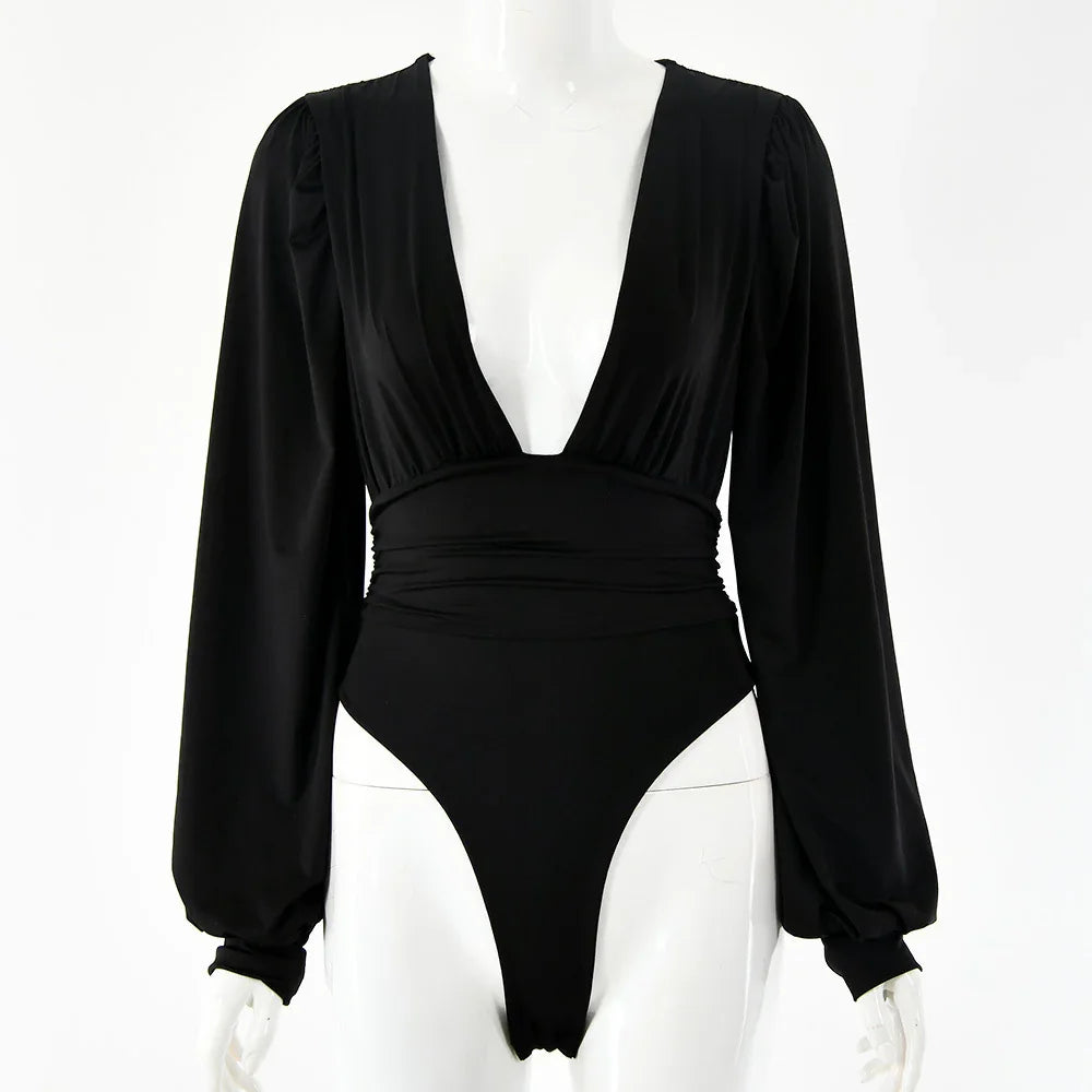 Black long sleeve bodysuit with deep V neckline on white mannequin, stylish women's fashion