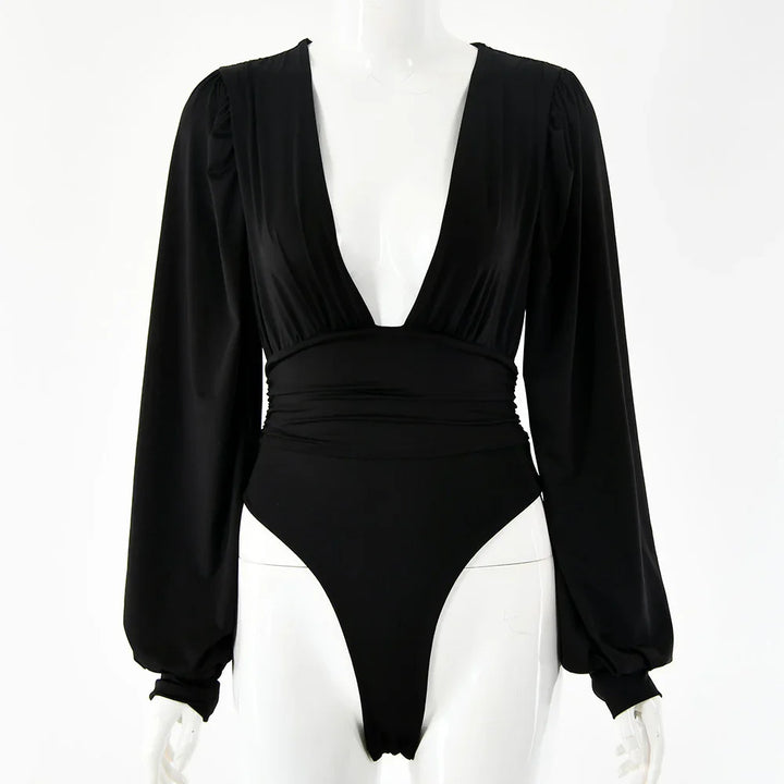 Black long sleeve bodysuit with deep V neckline on white mannequin, stylish women's fashion
