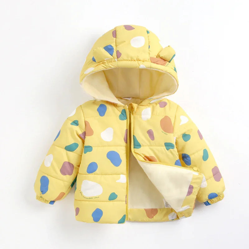 Yellow toddler puffer jacket with multicolor abstract spots, hood with ears, and soft lining