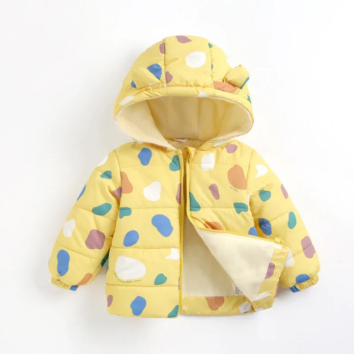 Yellow toddler puffer jacket with multicolor abstract spots, hood with ears, and soft lining