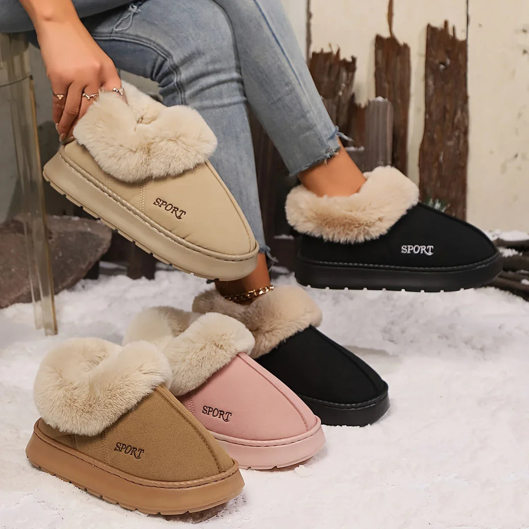 Fur-lined cozy slippers in beige, black, pink, and brown colors with SPORT logo, worn with jeans